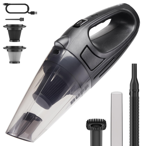 BUFF Handheld Vacuum Cordless - Portable and Rechargeable Car Vacuum Cleaner with LED Flashlight, Crevice Tool, Brush, and Storage Case for Home, Office, Car, Pets - Black BUFF Handheld Vacuum Cordless - Portable and Rechargeable Car Vacuum Cleaner with LED Flashlight, Crevice Tool, Brush, and Storage Case for Home, Office, Car, Pets - Black