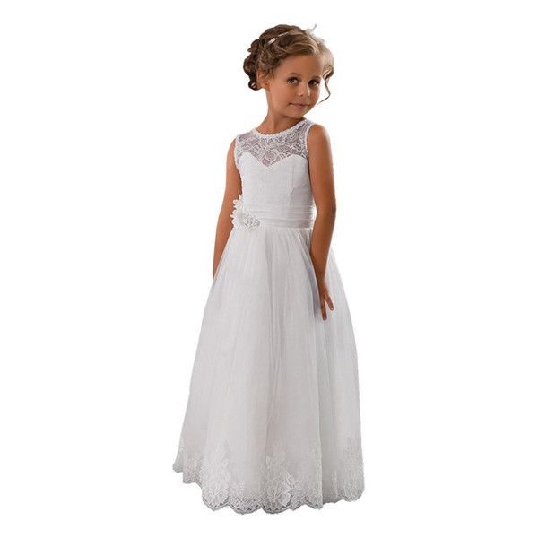 Lace Embellished A-Line Sleeveless Girls Wedding Party Dresses Size 8,White