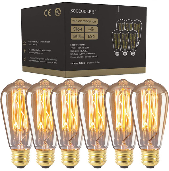 Edison Light Bulbs 25W - Thomas Edison Light Bulb Style - Incandescent Clear Glass Vintage Antique Bulb for Home Light Fixtures - Amber Warm 2700K - (6 Pack /110v)