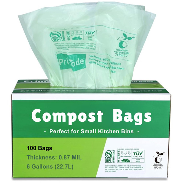 Primode Compostable Bags, 6 Gallon Food Scraps Yard Waste Bags, 100 Count, Extra Thick 0.87 Mil. ASTMD6400 Compost Bags Small Kitchen Trash Bags, Certified By BPI And TÜV AUSTRIA,