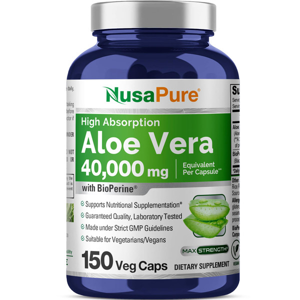 NusaPure Aloe Vera 40,000mg Per Veggie Caps - 150 Count - Aloe Vera Gel Supplement - Extract 200:1, Vegetarian, Non-GMO, Bioperine NusaPure Aloe Vera 40,000mg Per Veggie Caps - 150 Count - Aloe Vera Gel Supplement - Extract 200:1, Vegetarian, Non-GMO, Bioperine
