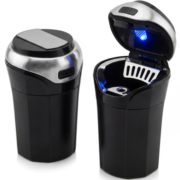 TAKAVU Car Ashtray (1-Pack), Easy Clean Up Detachable Stainless Car Ashtray with Lid Blue Led Light and Removable Lighter for Most Vehicle Cup Holder (Silver)
