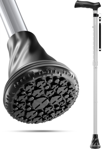 HONEYBULL Foldable Walking Cane for Seniors & Adults – Adjustable 8 Height Settings 30-37", Lightweight Collapsible Cane with Air Cushion Tip, Ergonomic Comfort Grip & Wrist Strap (Silver)