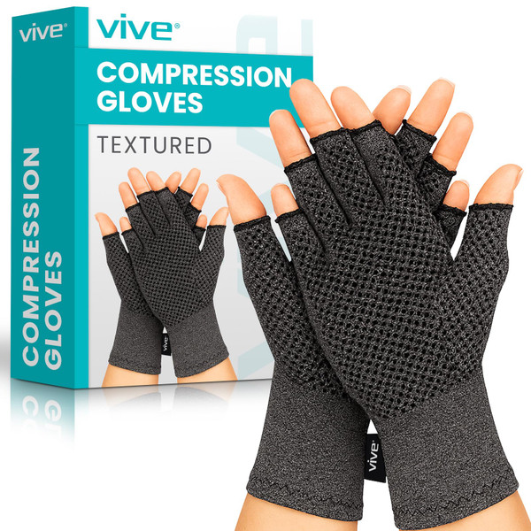 Vive Arthritis Gloves with Grips - Men & Women Textured Fingerless Compression - Open Finger Hand Gloves for Rheumatoid and Osteoarthritis - Arthritic Joint Pain Relief for Computer Typing (Medium)