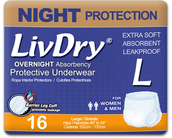 LivDry Adult Diapers Large Incontinence Underwear, Overnight, Leak Protection, 16-Pack