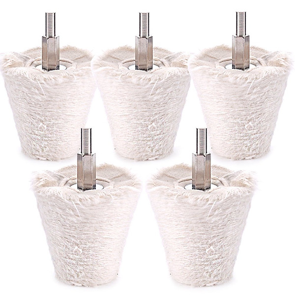 Swpeet 5 Pcs Cone-Shaped White Flannelette Polishing Wheel Grinding Head with 1/4" Handle for Metal Aluminum/Stainless Steel/Chrome/Jewelry/Wood/Plastic/Ceramic/Glass