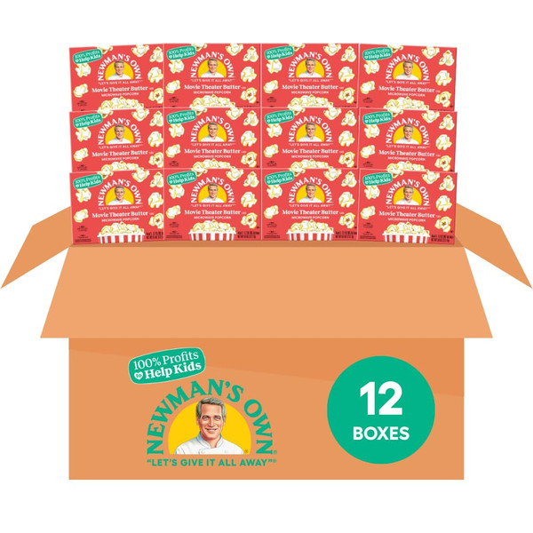 Newman's Own Microwave Popcorn - Movie Theater Butter | Kosher | Made with Whole Grain Popcorn | No Artificial Flavors | No Trans Fats | 3.2 oz Bag, 3 Bags Per Box (12 Boxes, 36 Bags Total)