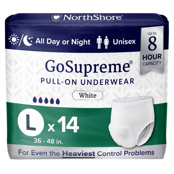 NorthShore GoSupreme Overnight Incontinence Underwear, 8-Hour Pullup Style, Large, 14 Count Bag, White, 36-48 inches, Unisex Adult Diapers
