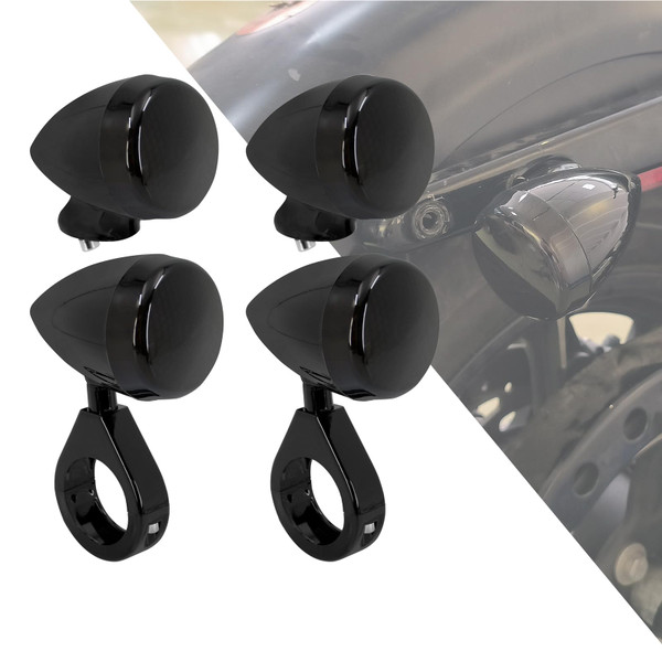 HDBUBALUS Front Rear LED Bullet Turn Signal Light 39/41mm Plastic Fork Clamp Indicator Blinker Fit for Harley Sportster Dyna Bobber Suzuki Kawasaki Cruiser Street Custom Bike All Black 4 Pcs