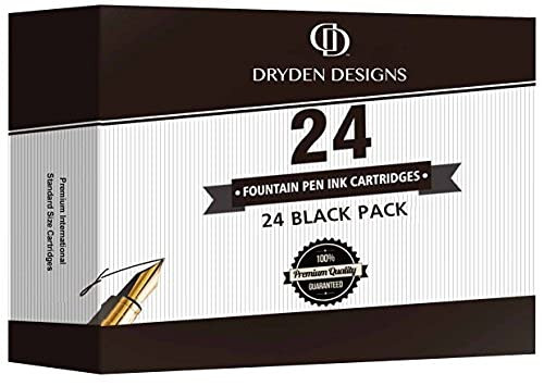 Dryden Designs Fountain Pen Ink Cartridges - Set of 24 Black Ink CARTRIDGES - Short International Standard Size - Disposable and Generic Ink Refill Cartridges - Perfect for Calligraphy