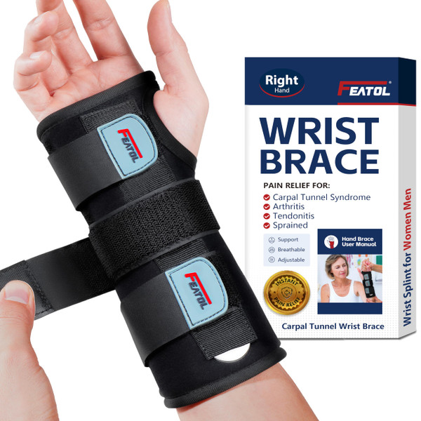 FEATOL Wrist Brace Hand Brace, Carpal Tunnel Wrist Splint Night Support for Women Men, Pain Relief Support -Tendonitis, Arthritis, Sprain, Right Hand, Medium/Large