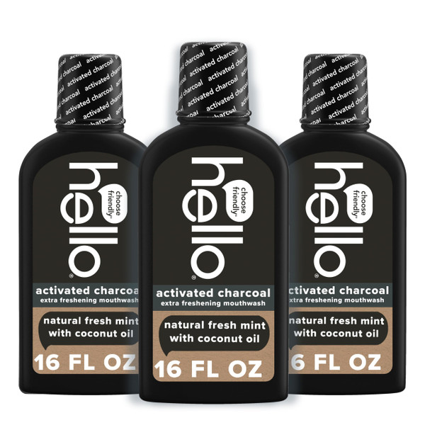 Hello Activated Charcoal Extra Freshening Mouthwash, Natural Fresh Mint and Coconut Oil, Fluoride Free, Alcohol Free, Vegan, SLS Free and Gluten Free, 16 Fl Oz (Pack of 3)