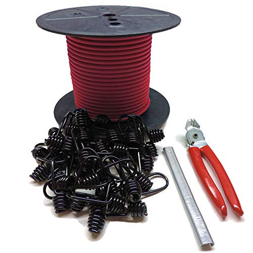 SECURE IT QUICK - 1/4" Bungee Cord Kit, 100' Bungee Cord, 100 Hog Rings, 30 Plastic Coated Metal Spring Hooks, 1 Set of Pliers (Red)