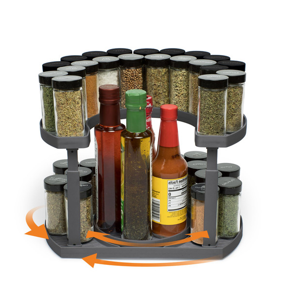 Stow-n-Spin 2-Tier Spice Rack Organizer for Cabinet | Rotating Lazy Susan Spice Organizer Holds 40 Spice Jars | Countertop & Pantry Spice Shelf for Kitchen Organization & Storage (Gray)