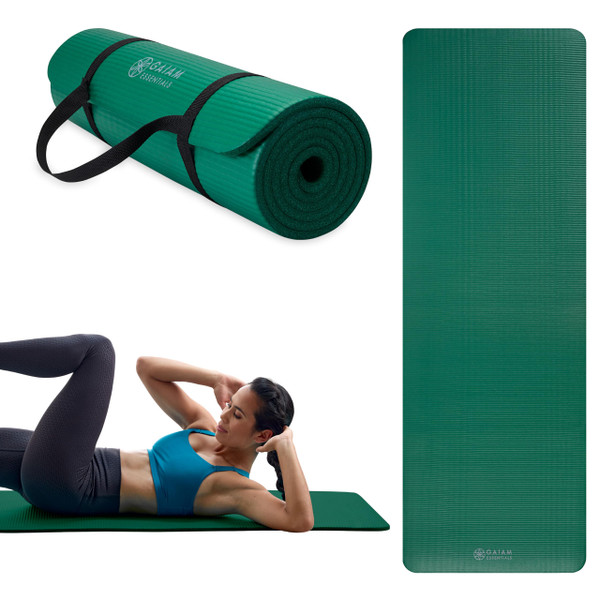 Gaiam Essentials Thick Yoga Mat - Fitness and Exercise Mat with Easy-Cinch Carrier Strap Included - Soft Cushioning and Textured Grip - Multiple Colors Options (Green, 72"L X 24"W X 2/5 Inch Thick)