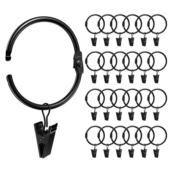 Ginbel Direct 24 Pack 2 Inches Openable Curtain Rings with Clips, Drapery Metal Clip Iron Drapes Hangers Decorative for Windows Rods Rustproof, Black