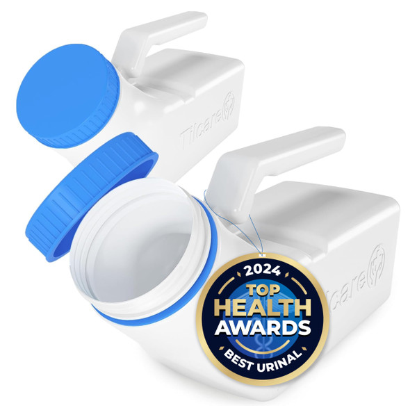 Urinals for Men Glow in The Dark Lid by Tilcare (2 Pack) - 32oz/1000mL Thick Plastic Mens Bedpan Bottle with Screw-on Lid - Spill Proof Urinary Chamber - Male Portable Travel Pee Bottles