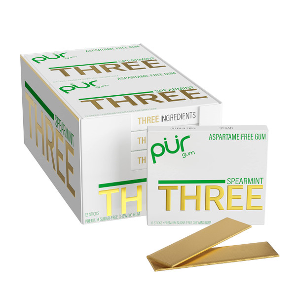 PUR THREE | Aspartame Free Chewing Gum | 100% Xylitol | Sugar Free, Vegan, Gluten Free & Keto Friendly | Natural Spearmint Flavored Gum, 12 Pieces (Pack of 10)