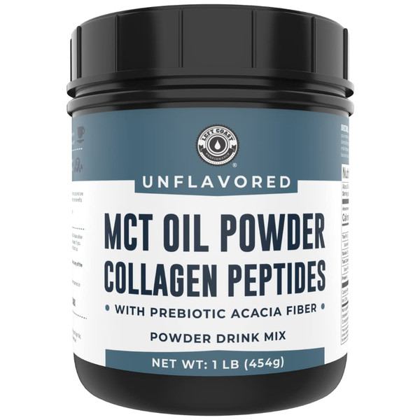 MCT Oil Powder + Keto Collagen Peptides + Acacia Fibre 16oz (Unflavored). 10g MCT, 5g Collagen. MCT Collagen for Coffee Creamer, Shakes, Smoothies, Ketogenic Low Carb Protein Powder