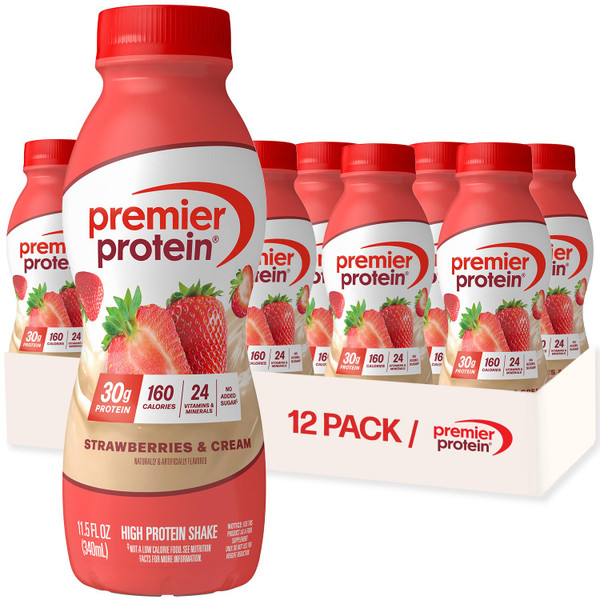 Premier Protein Shake, Strawberries & Cream, 30g Protein, No Added Sugar, 24 Vitamins & Minerals to Support Immune Health, 11.5 fl oz, 12 Pack (Packaging May Vary)