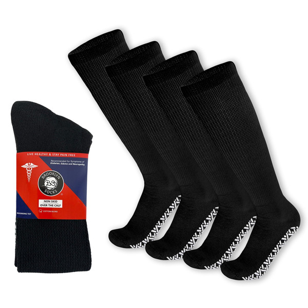 4 Pairs of Non-Skid Over-The-Calf Diabetic Cotton Socks with Non Binding Top (Black, Fits US Men's Shoe size 9-12)
