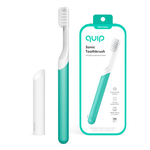 Quip Sonic Toothbrush for Adults - Timed Electric Toothbrush with Cover - Replaceable Brush Head, Soft Bristles, Plastic Handle, 3 Month Battery Life - Travel Toothbrush - Green
