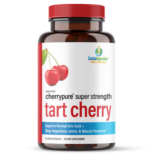 Super Strength CherryPURE Tart Cherry Supplement – 50:1 Concentrate Grown in The USA - Made with Non GMO Montmorency Cherries – by SolaGarden Naturals. 60 Non GMO Veggie Capsules.