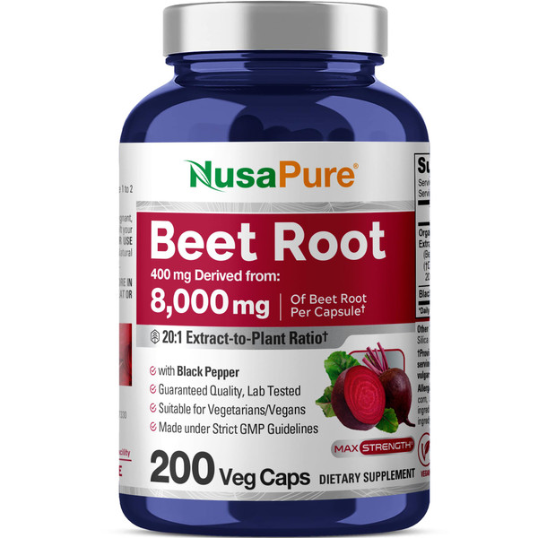NusaPure Organic Beet Root 20:1 Extract, 400 mg Equivalent to 8,000 mg - Black Pepper 4:1 Extract, 10 mg - 200 Veggie caps (Vegan, Non-GMO)
