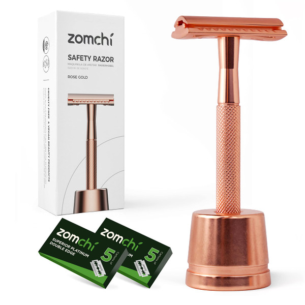 ZOMCHI Single Blade Razors for Women – Reusable Ladies Razor for Legs with 5 Double Edge Safety Razor Blades, Eco-Friendly Manual Shaving Razor - Rose Gold