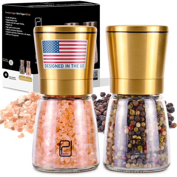 Premium Salt and Pepper Grinder Set - 5 oz, Golden Stainless Steel - S&P Spice Shakers - Refillable & Adjustable Coarseness Hand Mill for Spices & Seasonings - by PJC-Kitchen