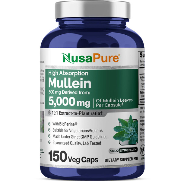 NusaPure Mullein Leaf Capsules 10:1 Extract, 500 mg Equivalent to 5,000 mg per Veggie Caps - 150 Count - Verbascum Thapsus (Non-GMO, Vegan) Dietary Supplement