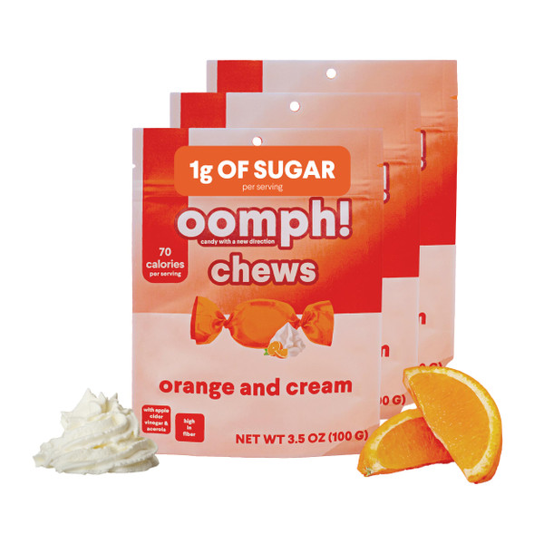 Oomph! Sweets Orange & Cream Low Sugar Taffy, High Fiber Vegan Candy, Low Carb, Low Calorie Snack, Keto-Friendly, Gluten Free Dessert (3-Pack)