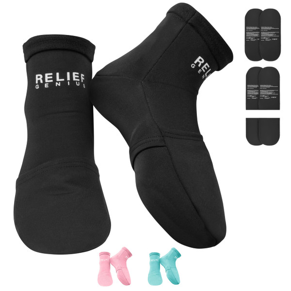 Relief Genius Cold Therapy Socks with Reusable Gel ice Packs - Achieve Relief from Sprains, Muscle Pain, Bruises, Swelling, Edema, Chemotherapy, Arthritis, Post Partum Foot (Black, Large)