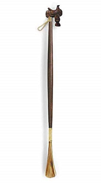 Shoehorn/Back Scratcher, Saddle Handle with Western Flair. Long Reach at 29 Inches Long. Made in Italy. Brown