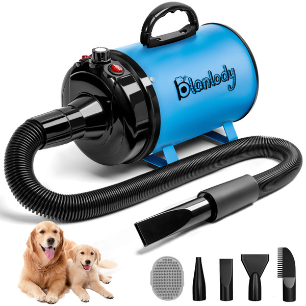 High Velocity Dog Hair Dryer 5.2HP/ 3800W Professional Dogs Blower Grooming Dryer, Adjustable Temperature and Speed Pet Dryers with 4 Nozzles and a Comb, Blue