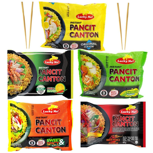 Lucky Me Pancit Canton Variety Bundle- 2 Original Flavor, 2 Chili Mansi, 2 Kalamansi, 2 Sweet and Spicy, and 2 Extra Hot Chili- Total of 10 Packs
