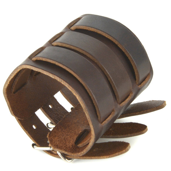 HZMAN Dark Brown Leather Wide Triple Strap Cuff Wrap Gauntlet Wristband Buckle Fastening Arm Armor Cuff (Brown)