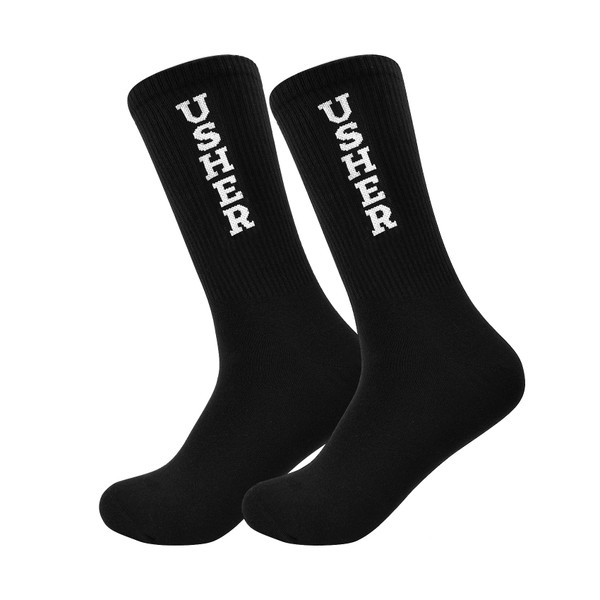 CARAKNOTS Groomsmen Socks for Usher Funny Usher Socks Groomsmen Gifts for Wedding Bachelor Proposal Gifts Black Cotton Novelty Dress