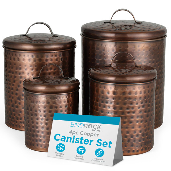 BIRDROCK HOME 4pc Food Storage Canister Set | Hammered Antique Copper with Airtight Lids | Rustic Metal Containers for Flour, Sugar, Baking Ingredients | Farmhouse Kitchen Countertop Organizer-1765812666