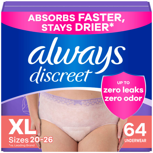 Always Discreet Adult Incontinence Underwear for Women and Postpartum Underwear, Extra Large, Up to 100% Bladder Leak Protection, 64 Count (2 Packs of 32) Always Discreet Adult Incontinence Underwear for Women and Postpartum Underwear, Extra Large, Up to 100% Bladder Leak Protection, 64 Count (2 Packs of 32)