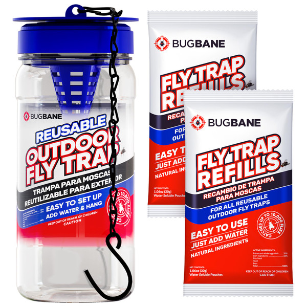 Fly Traps Outdoor Fly Trap for Patio with 2 Non-Toxic Dissolvable Bait Refills. Reusable Hanging Bug Catcher Killer for All Filth Flies for Outside Bug Control Yard Ranch. Hanging Chains Included