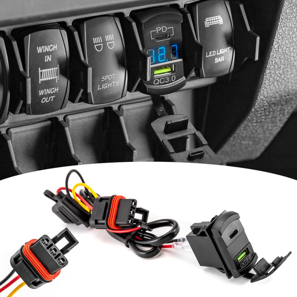 Wsays Dual USB Tpye C Rocker Plug & Play Switch Charger/Outlet 12v PD & QC 3.0 with LED Voltmeter Display Compatible with Polaris RZR Ranger General