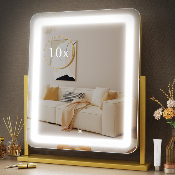 Gvnkvn Lighted Makeup Mirror, Hollywood Vanity Mirror with Lights, Three Color Lighting Modes, and Detachable 10X Magnification Mirror, Smart Touch Control, 360°Rotation (15.2in. Gold)-1765813573