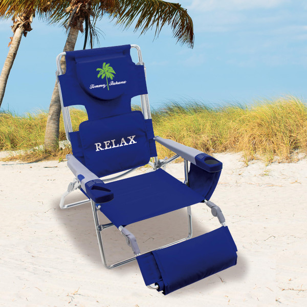 Tommy Bahama 4-Position Face-Opening Read Through Lounger with Ottoman, Portable Folding Beach Chair, Navy