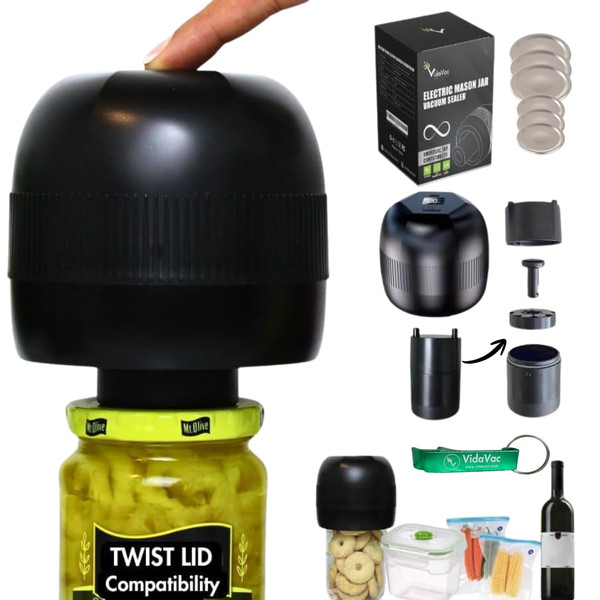 VIDAVAC Multifunctional Electric Mason Jar Vacuum Sealer– Compact, Rechargeable Sealer for Mason Jars, Twist Lids, Wine Bottles, Marinade Containers & Vacuum Seal Bags-1765817650