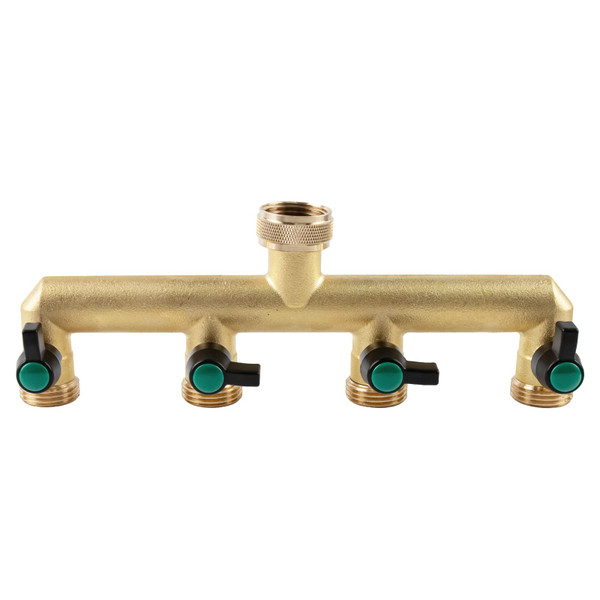 Heavy Duty Solid Brass 4 Way Hose T Tap Connection with 4 Individual On/Off Valve and Extended Handle, Garden Outdoor Pipe Tap Splitter