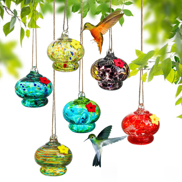 H&D HYALINE & DORA 6pcs Glass Hummingbird Feeders, Outdoors Hanging, Hand Blown Glass, Garden & Window Decor-1765818215
