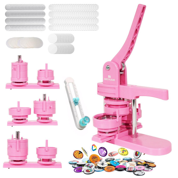 MECOLOUR Button Maker Machine Multiple Sizes 1.26+1.73+2.28 inch Pin Maker Machine,150pcs Button Badge Making Supplies,Button Press Machine for DIY Personalized Pinback Buttons Children DIY Gift(Pink)