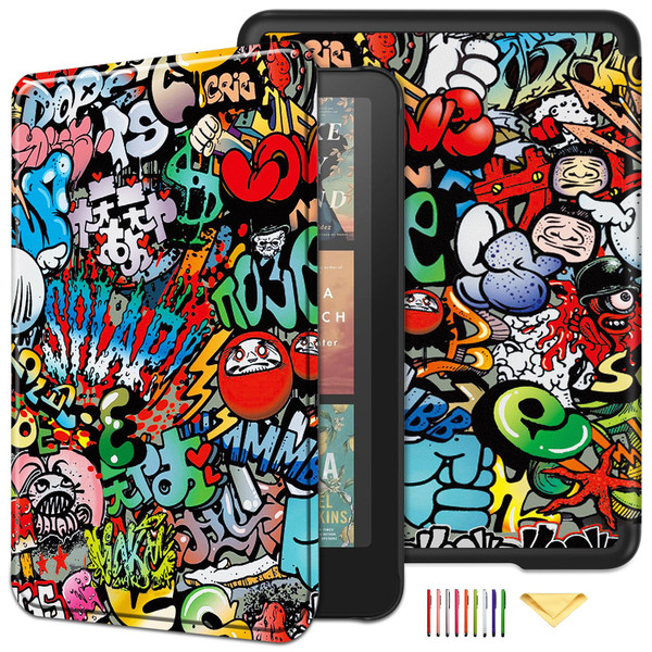 Case for 7" Kindle Paperwhite (12th Generation, 2024) & Kindle Colorsoft Signature Edition, UUcovers Ultra Slim Lightweight Shell PU Leather Protective Cover with Auto Sleep/Wake, Cool Graffiti Doodle
