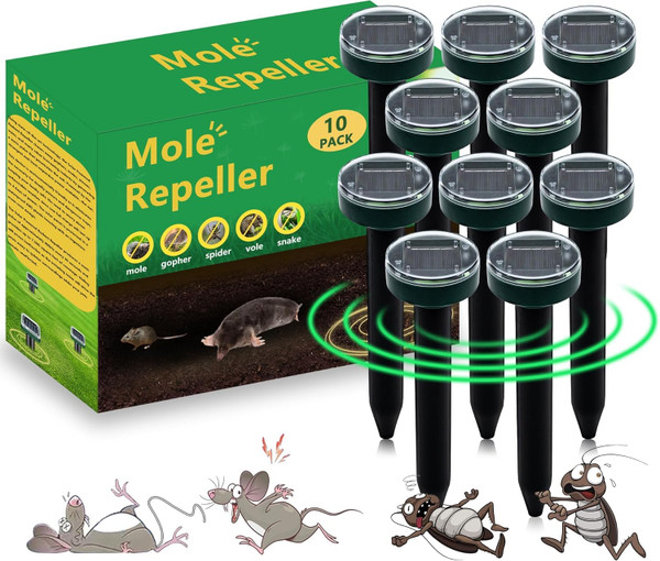 10pk Mole Repellent Outdoor Ultrasonic Solar Powered Waterproof for Lawns Gardens Yards Effective Against Moles Gophers Voles and Snakes Sonic Spikes Stakes Chaser